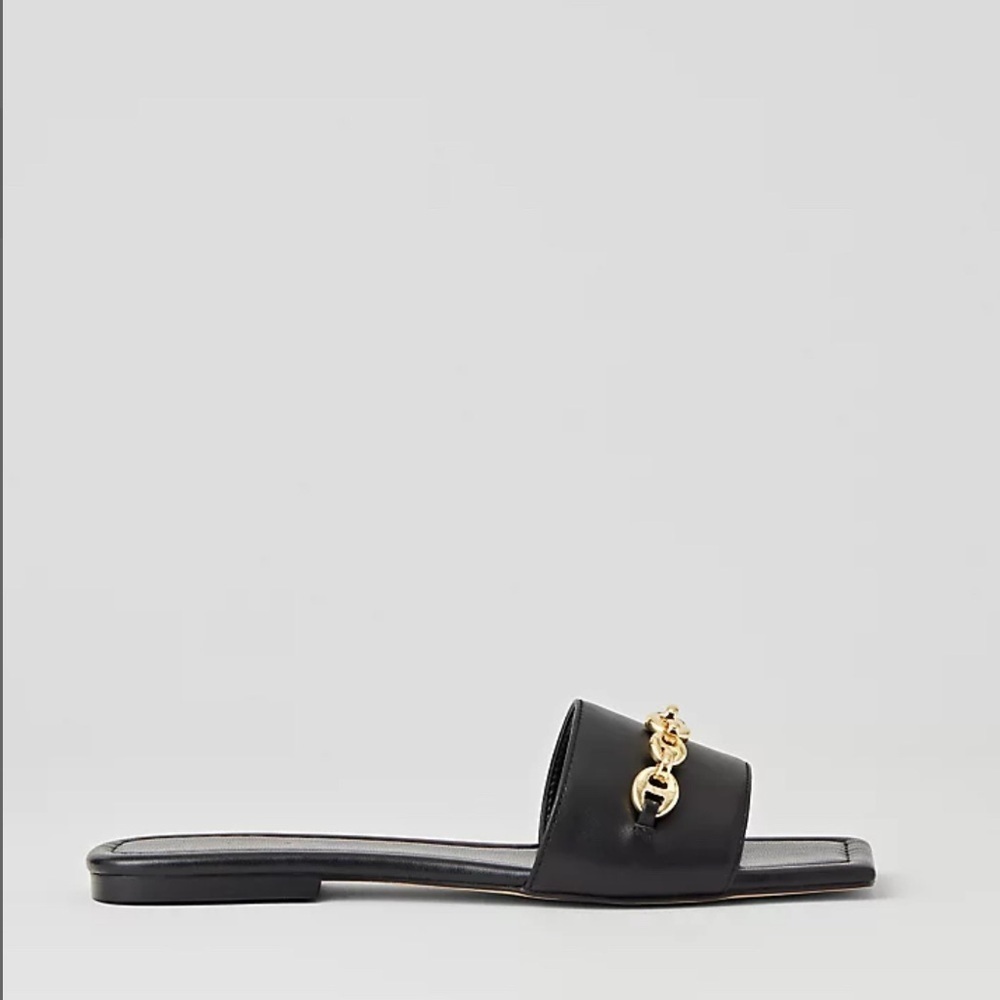 Ann Taylor Black Leather Slide Sandals Gold Chain Detail Size 10M